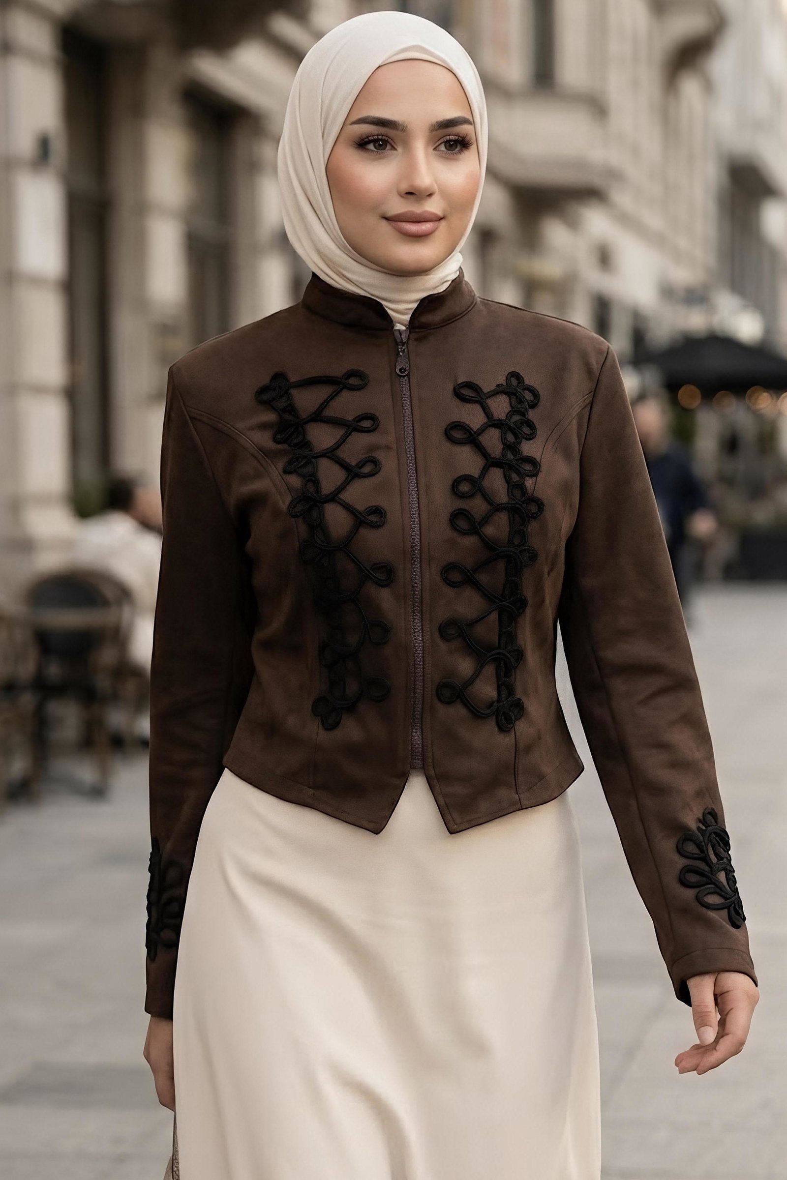 Kolda Ve Göğüste İşleme Detaylı Kısa Süet Ceket Kahve - 29238-KAHVE - 1
