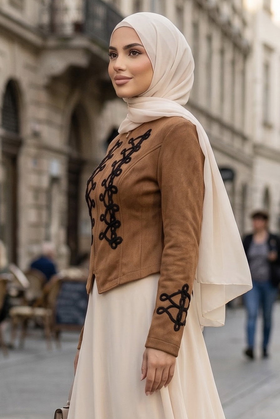 Kolda Ve Göğüste İşleme Detaylı Kısa Süet Ceket Taba - 29238-TABA - 2