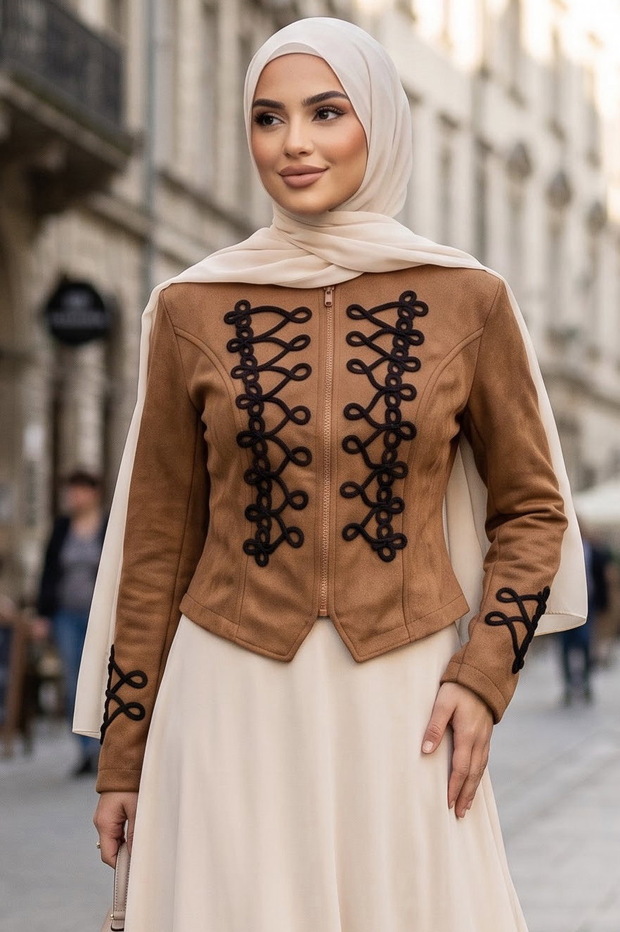 Kolda Ve Göğüste İşleme Detaylı Kısa Süet Ceket Taba - 29238-TABA - 1