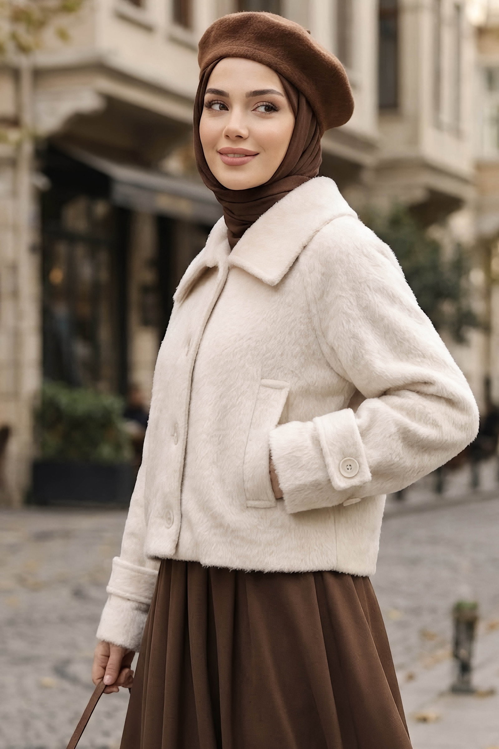 Kolları Apoletli Kısa Fox Kaban Beyaz - 29192-BEYAZ - 2