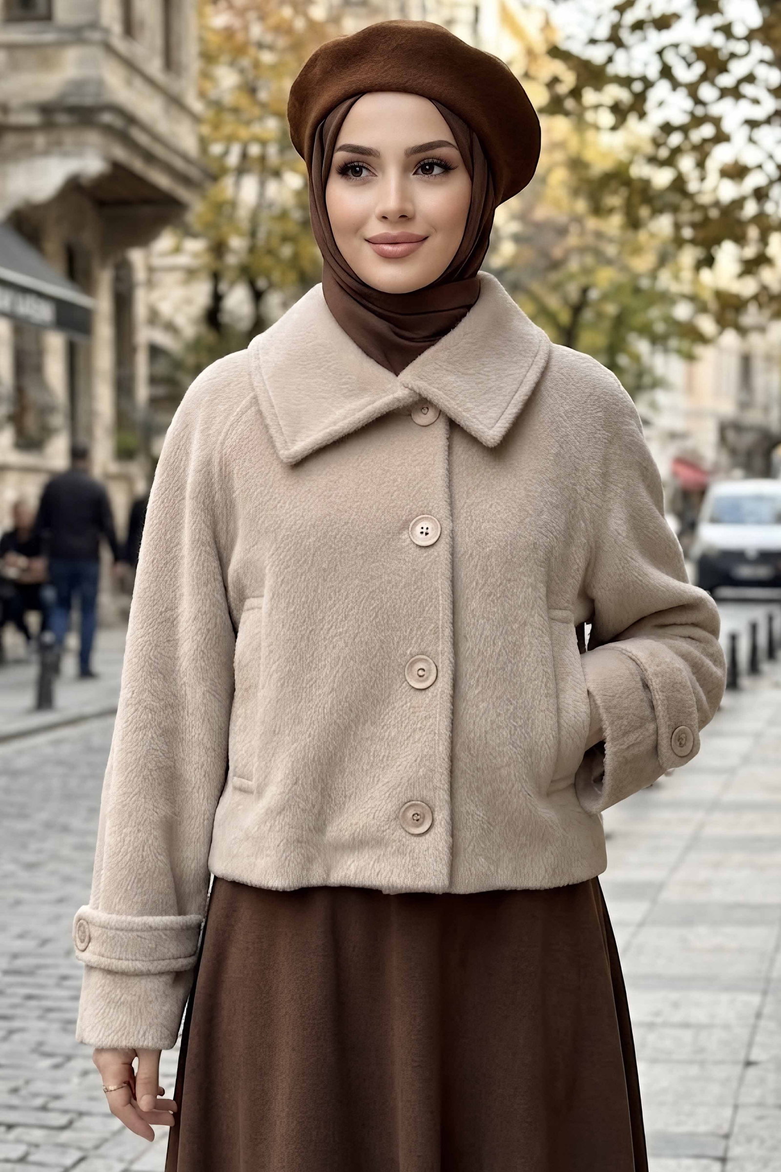 Kolları Apoletli Kısa Fox Kaban Krem - 29192-KREM - 1
