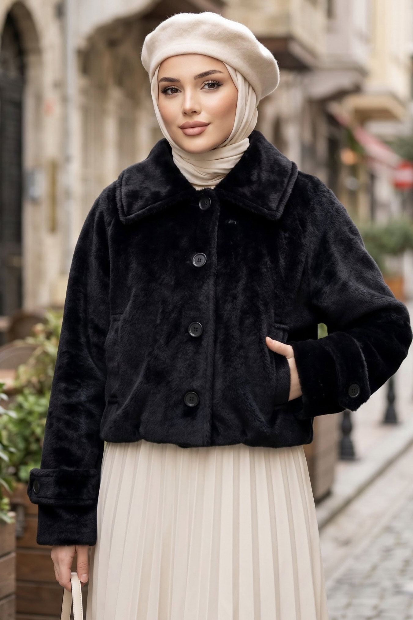 Kolları Apoletli Kısa Fox Kaban Siyah - 29192-SIYAH - 1