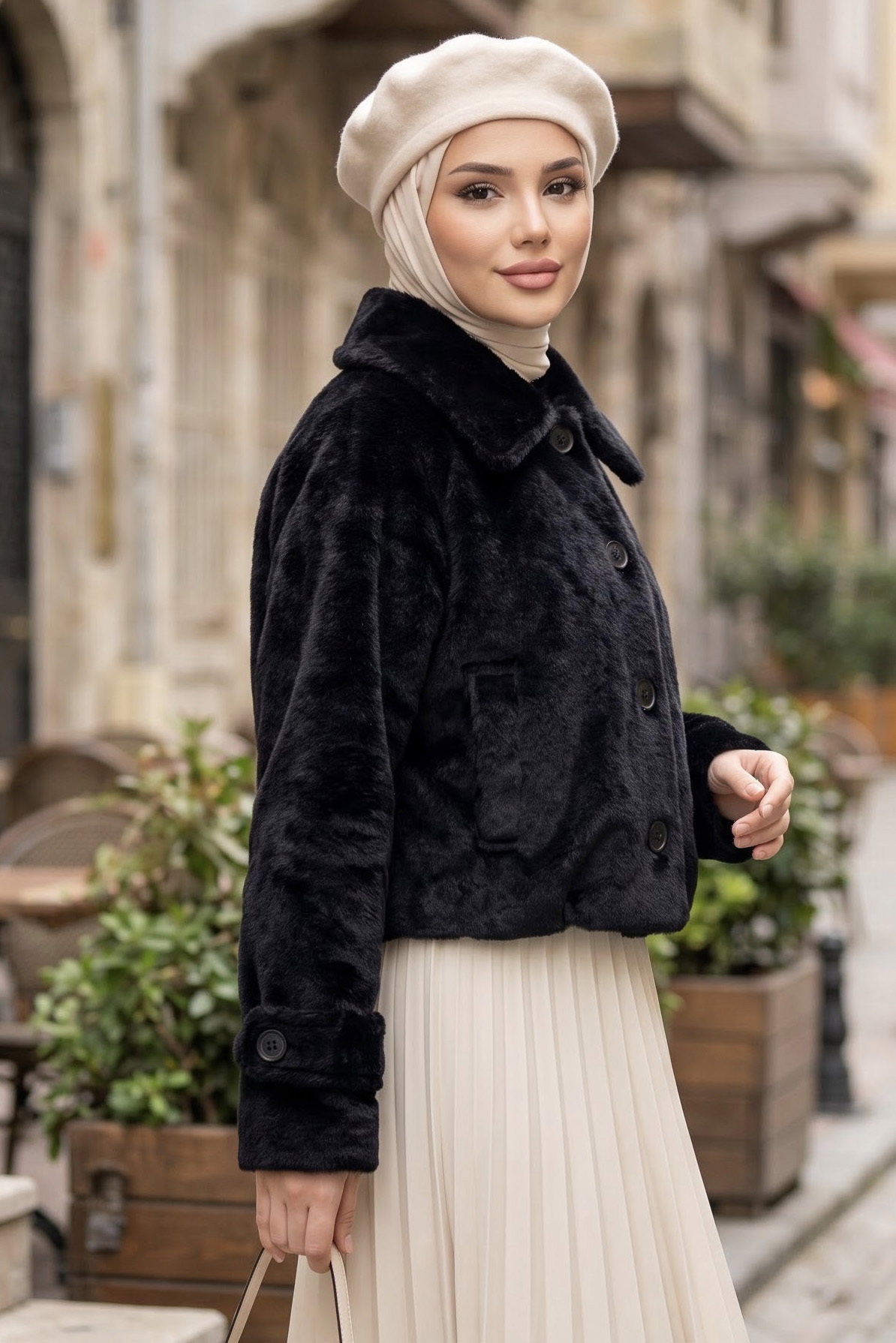 Kolları Apoletli Kısa Fox Kaban Siyah - 29192-SIYAH - 2