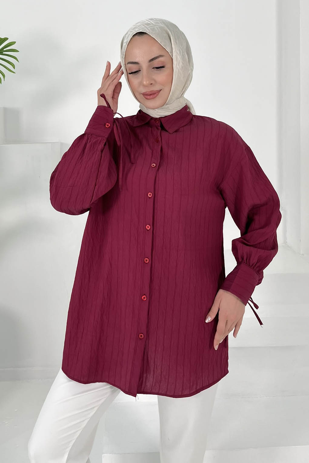 Kolları Bağcık Detaylı Tunik Bordo - 27001 - 1