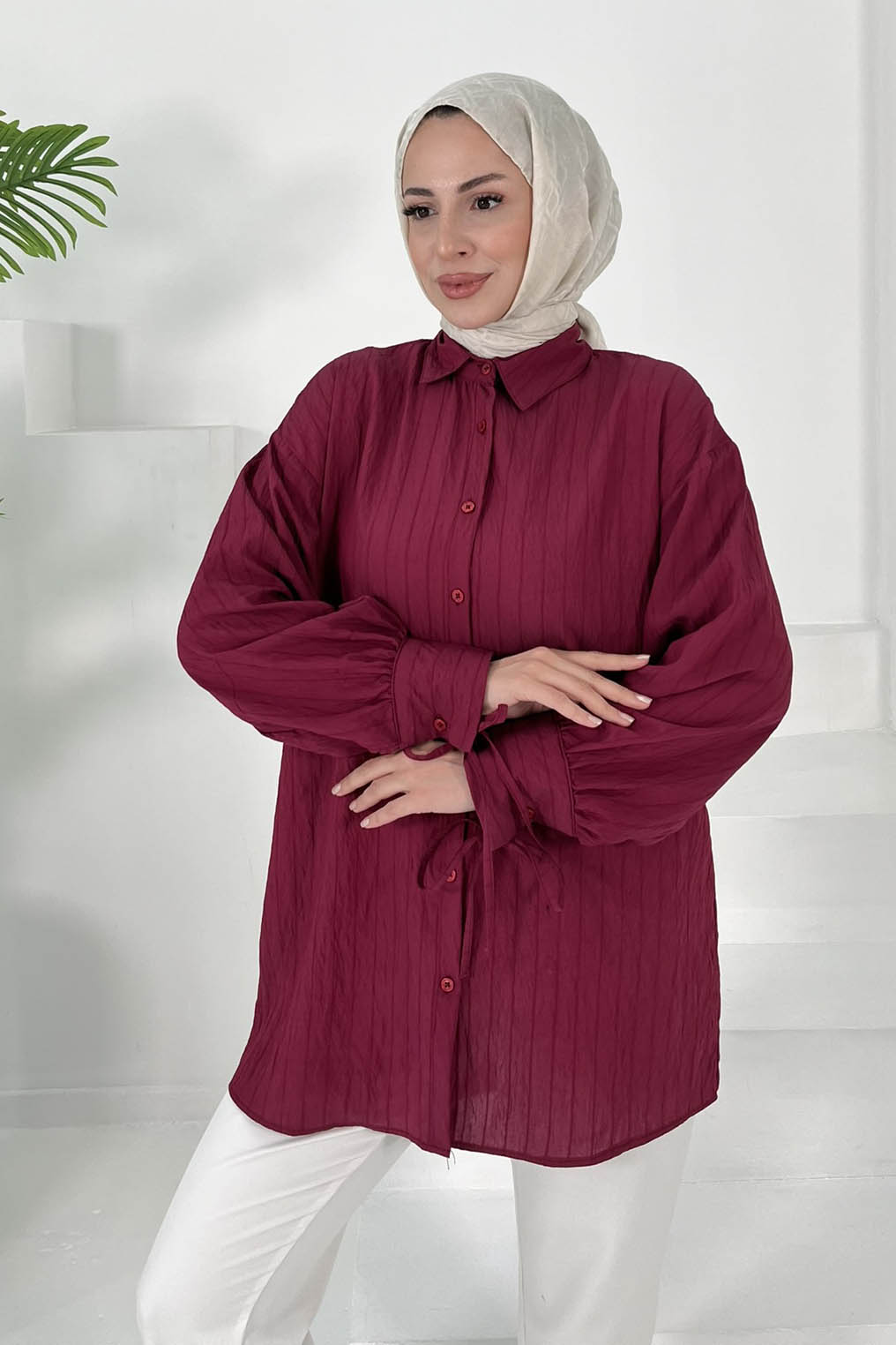 Kolları Bağcık Detaylı Tunik Bordo - 27001 - 2