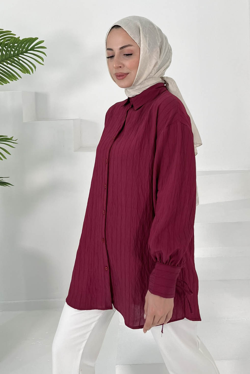 Kolları Bağcık Detaylı Tunik Bordo - 27001 - 3