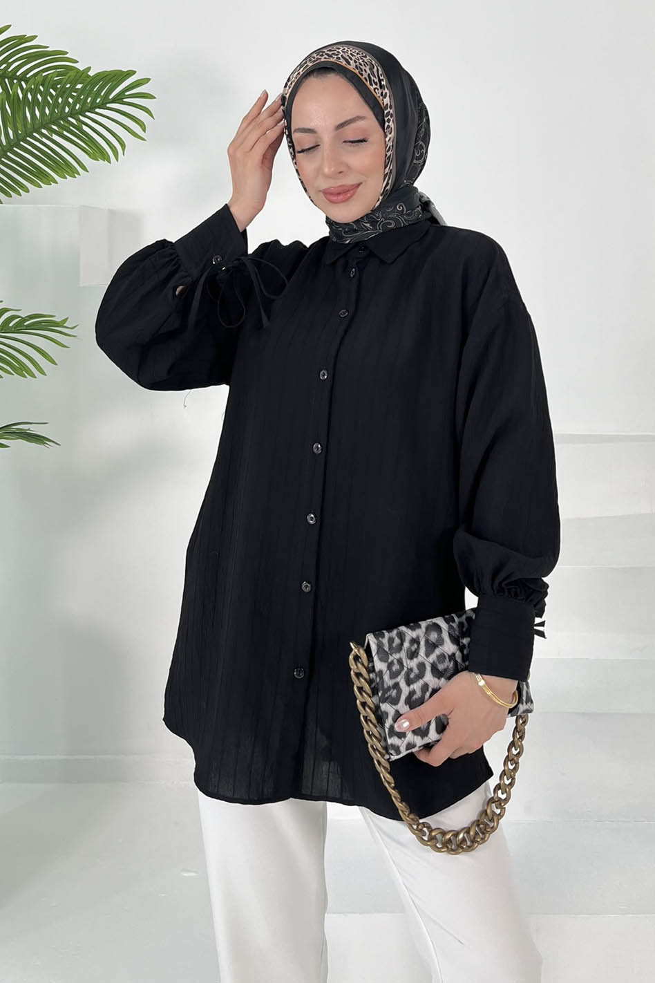 Kolları Bağcık Detaylı Tunik Siyah - 27001 - 5