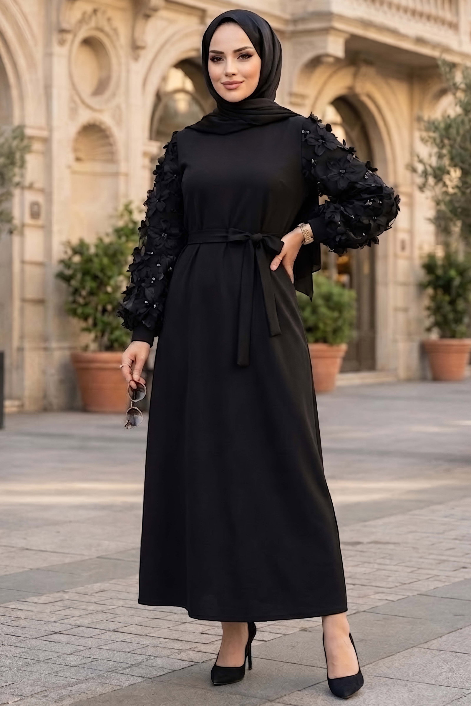 Kolları Çiçek Detaylı Elbise Siyah - 28838-SIYAH - 1