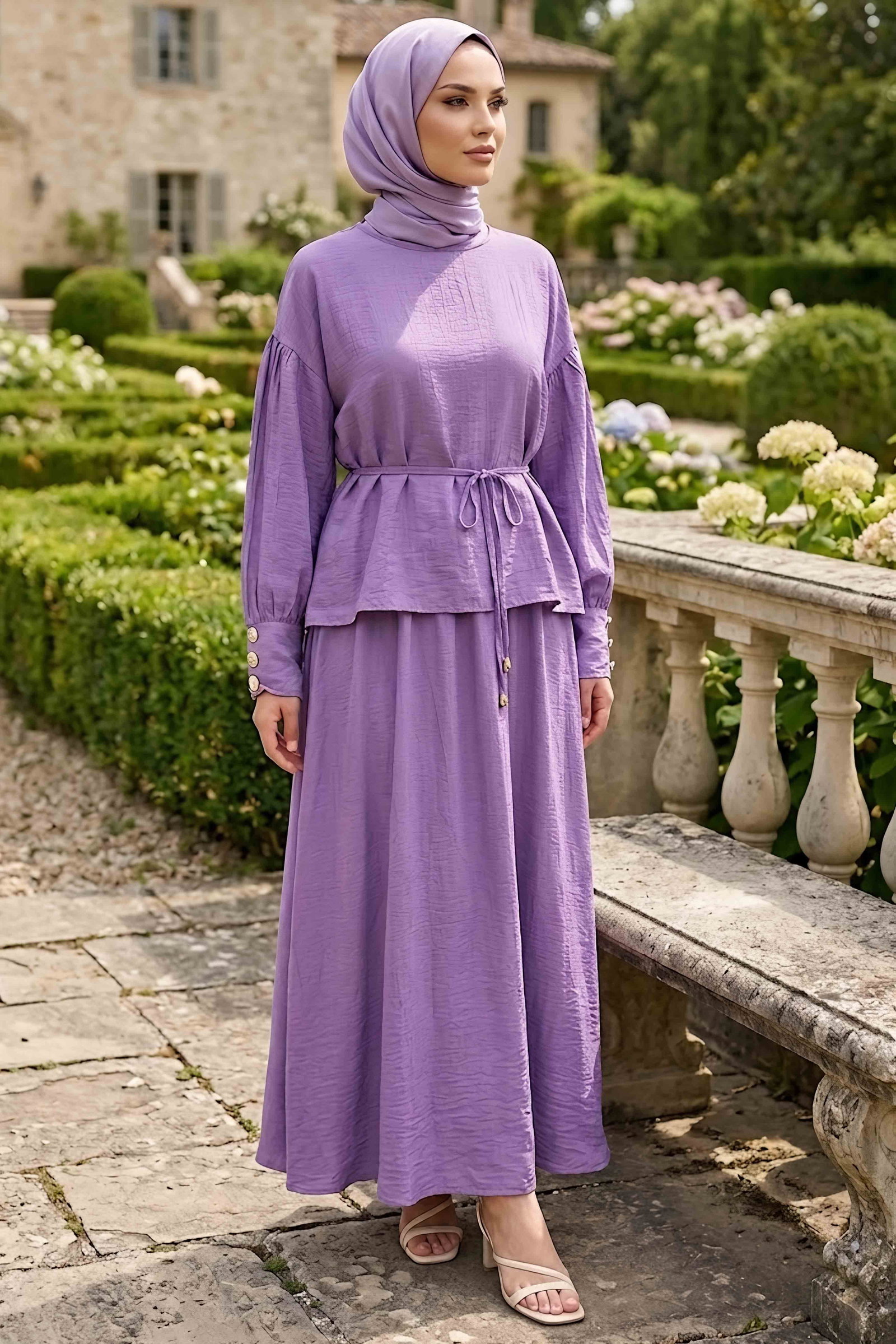 Kolları Düğmeli Etekli Takım Lila - 28809-LILA - 1