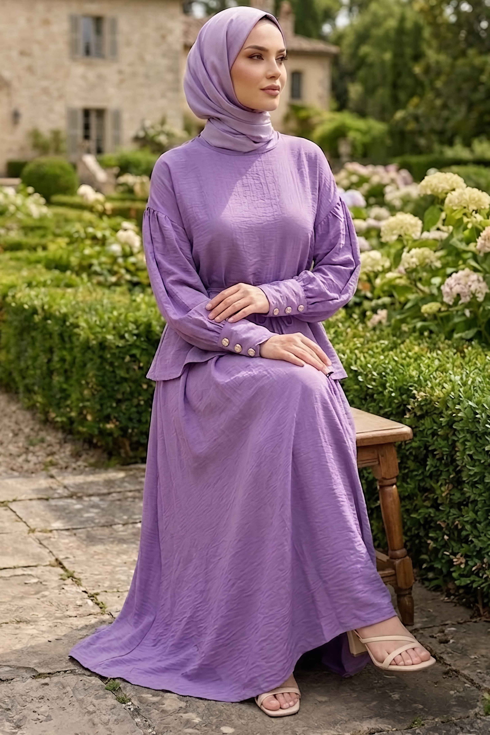 Kolları Düğmeli Etekli Takım Lila - 28809-LILA - 2