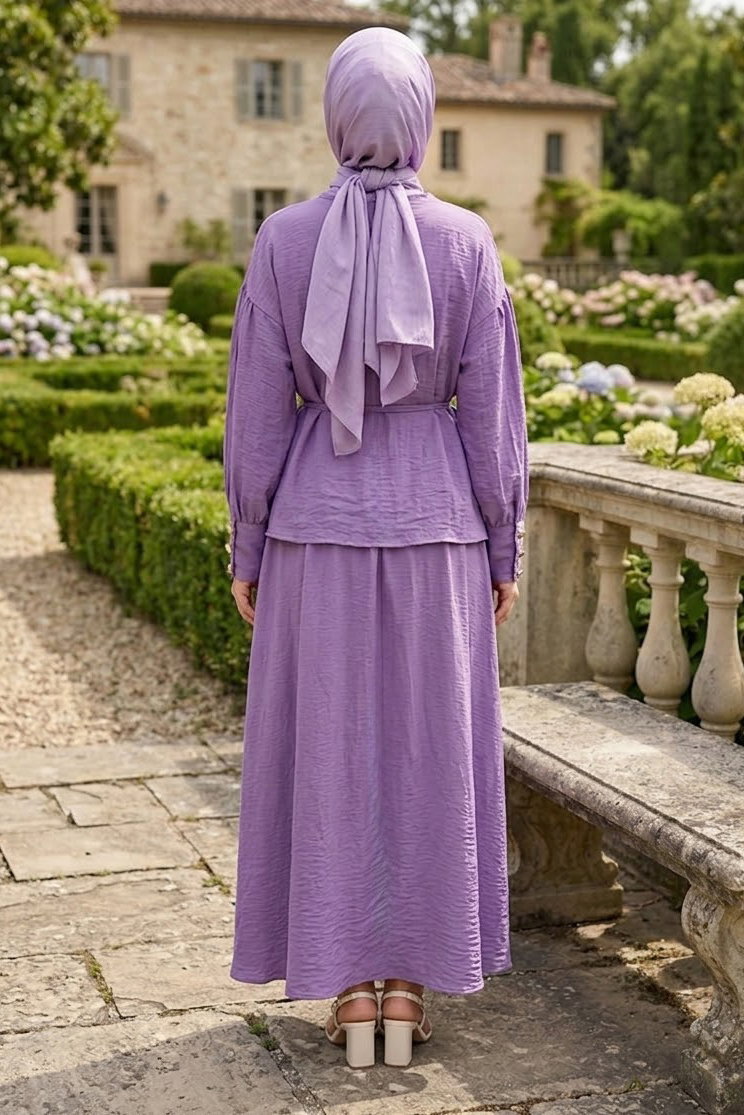 Kolları Düğmeli Etekli Takım Lila - 28809-LILA - 3