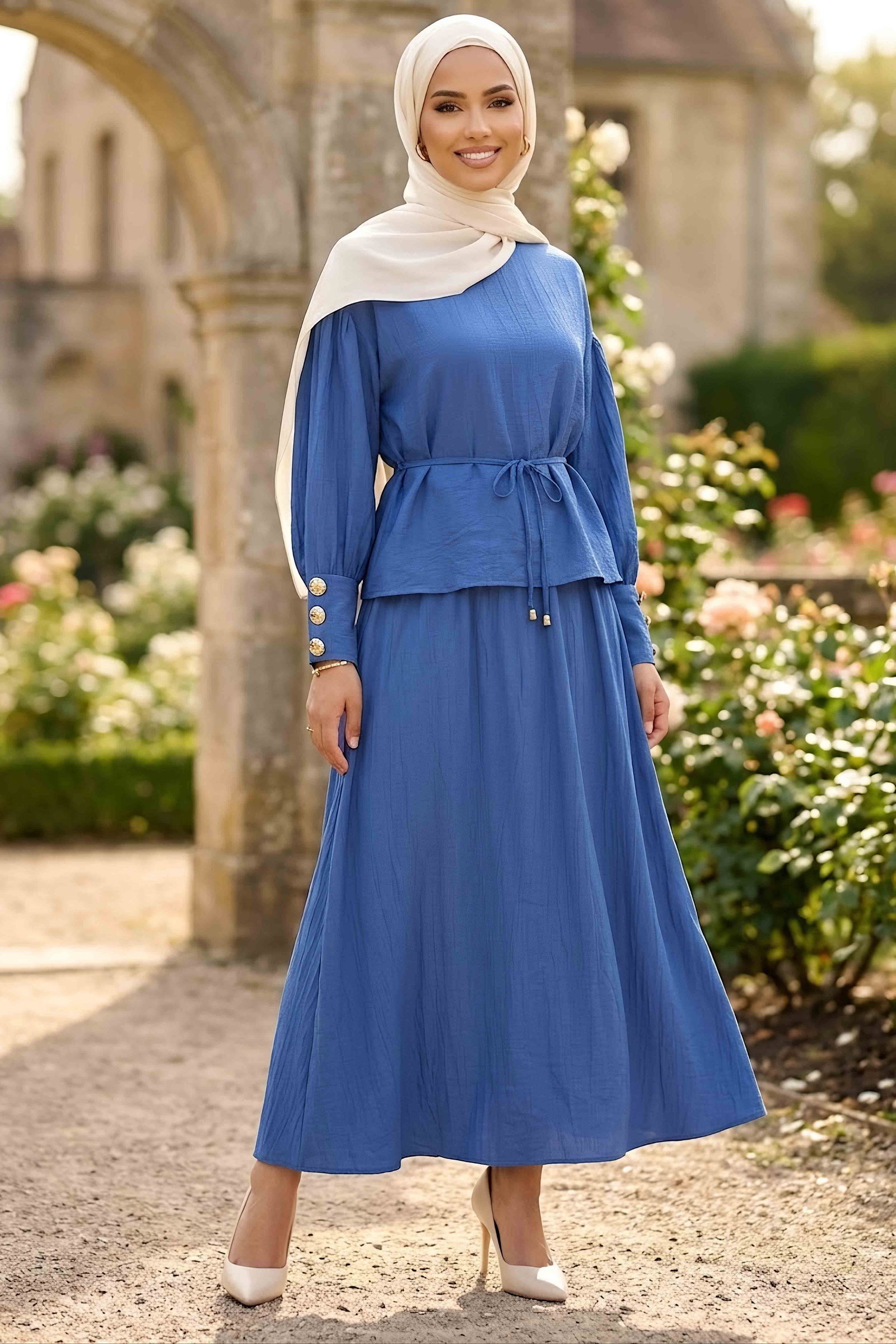 Kolları Düğmeli Etekli Takım Saks - 28809-SAKS - 1