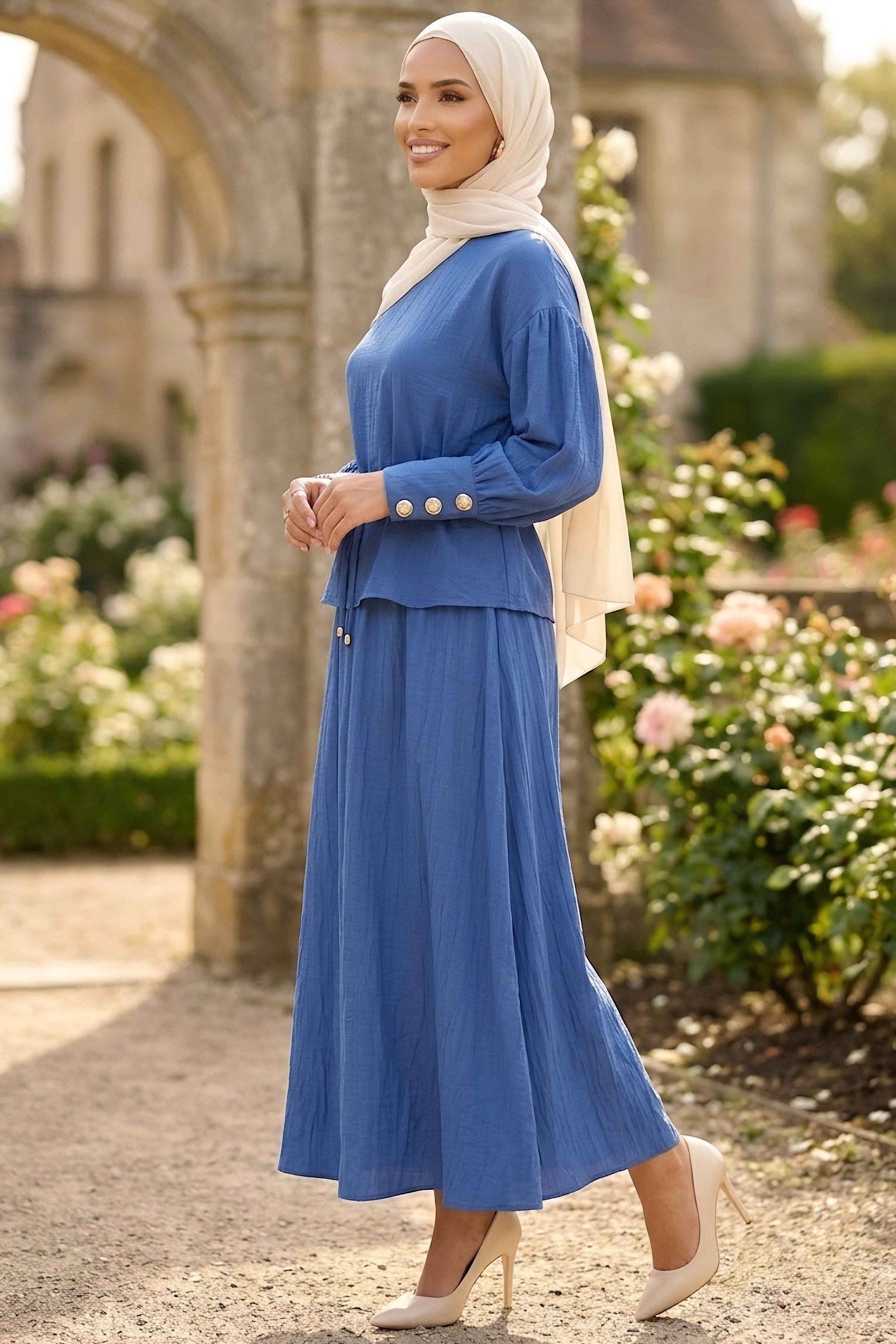 Kolları Düğmeli Etekli Takım Saks - 28809-SAKS - 2