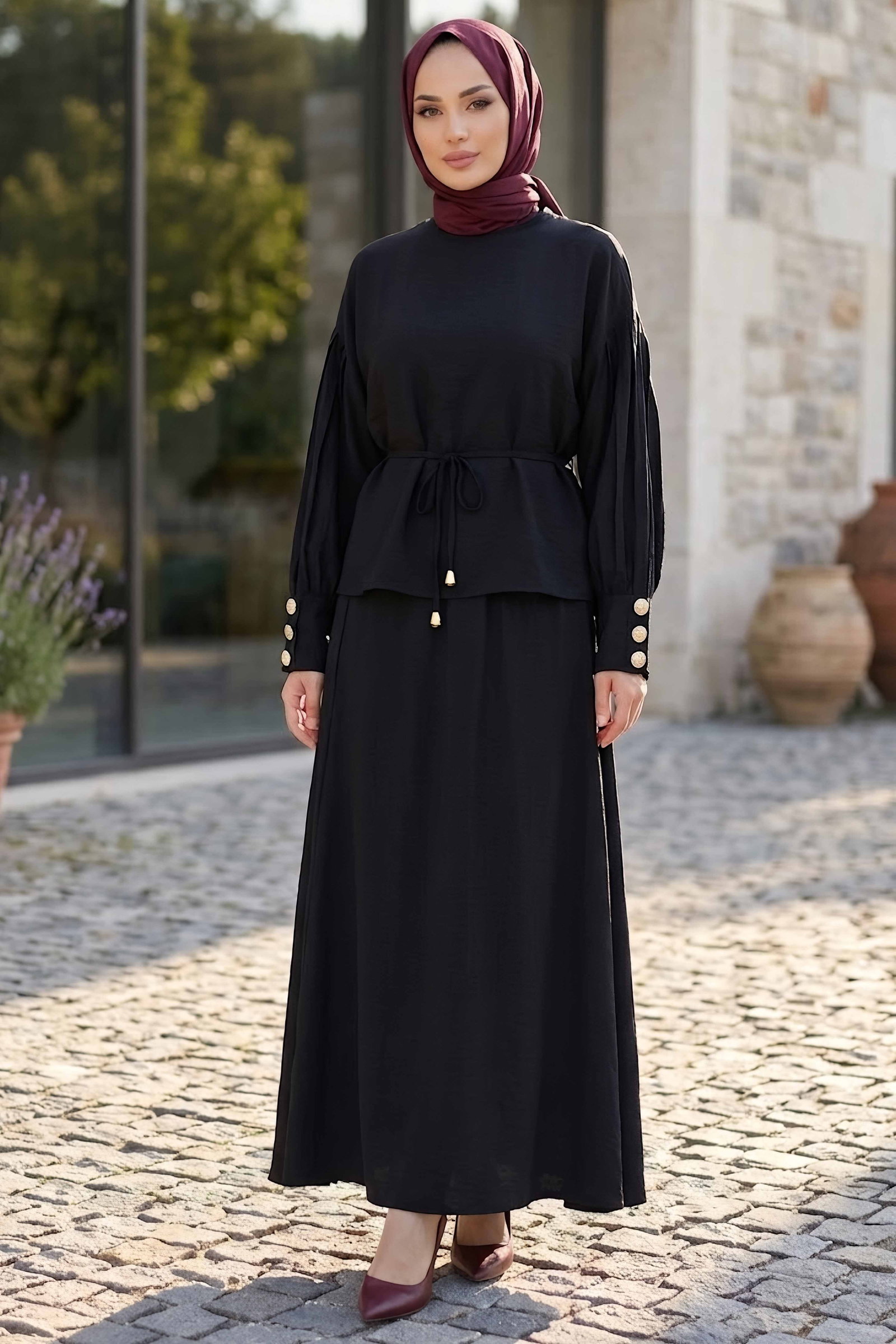 Kolları Düğmeli Etekli Takım Siyah - 28809-SIYAH - 2