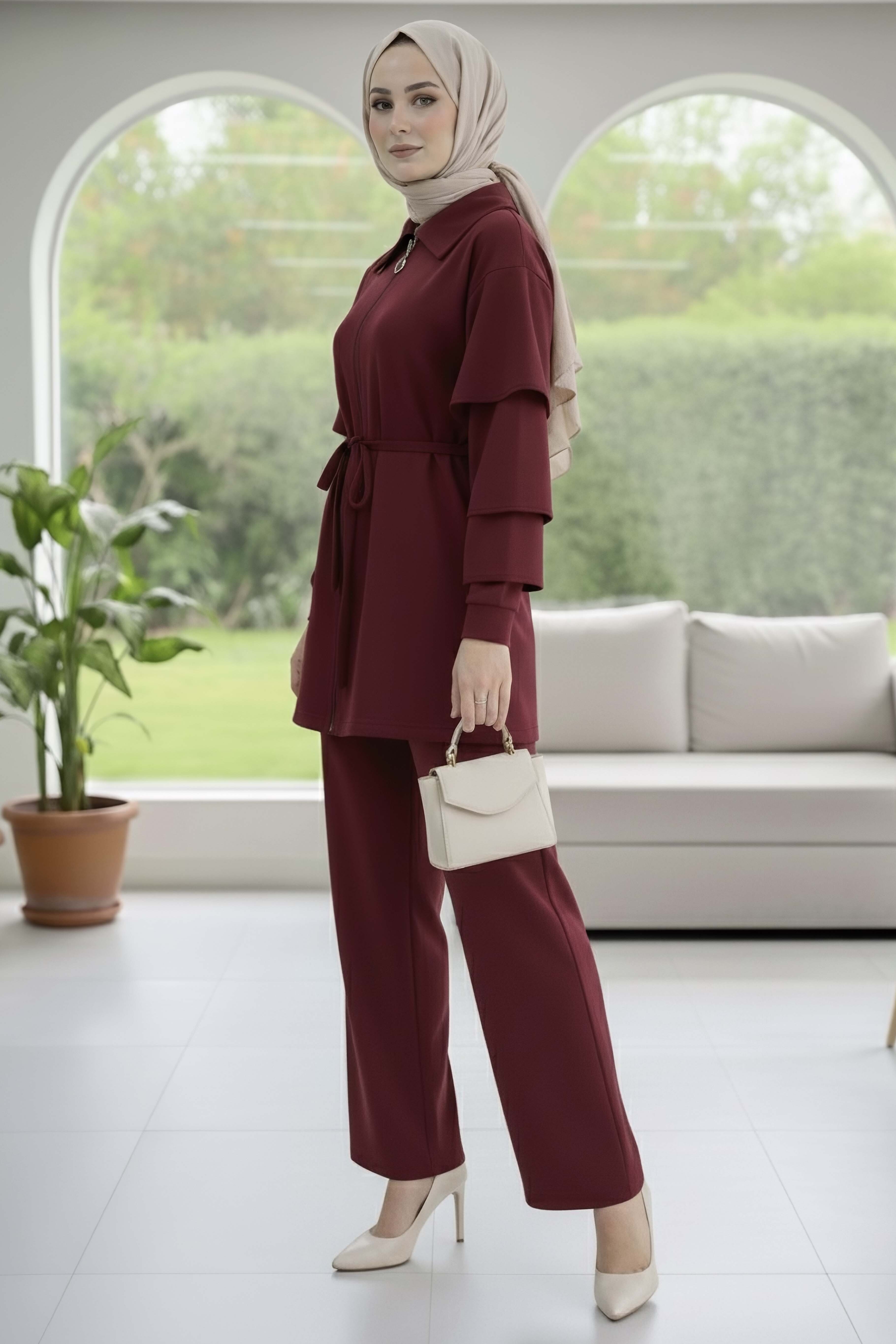 Kolları Fırfırlı Modal İkili Takım - 089-BORDO - 2