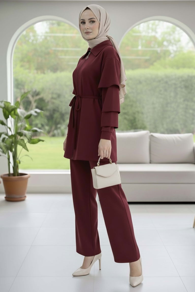 Kolları Fırfırlı Modal İkili Takım - 089-BORDO - TOFİSA