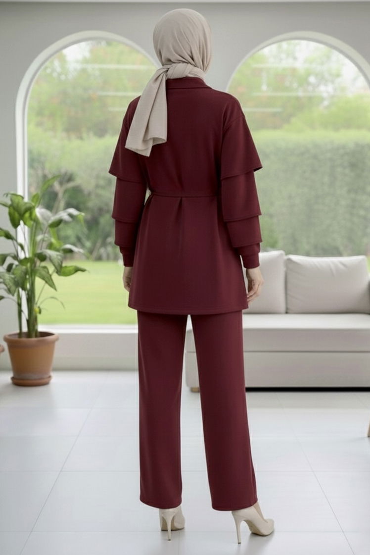 Kolları Fırfırlı Modal İkili Takım - 089-BORDO - 3