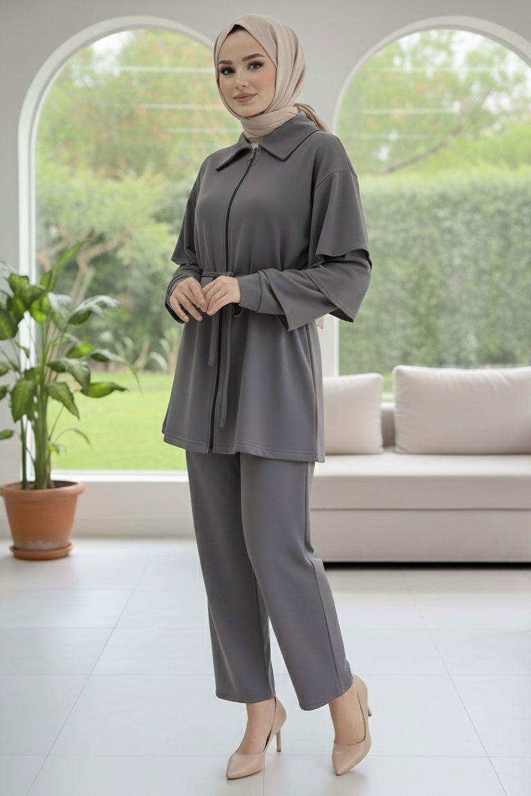 Kolları Fırfırlı Modal İkili Takım - 089-FUME - TOFİSA