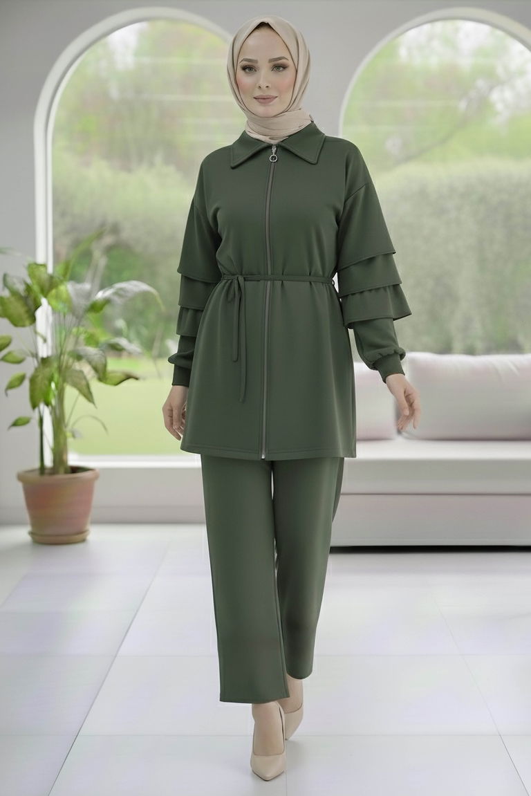 Kolları Fırfırlı Modal İkili Takım - 089-HAKI - TOFİSA