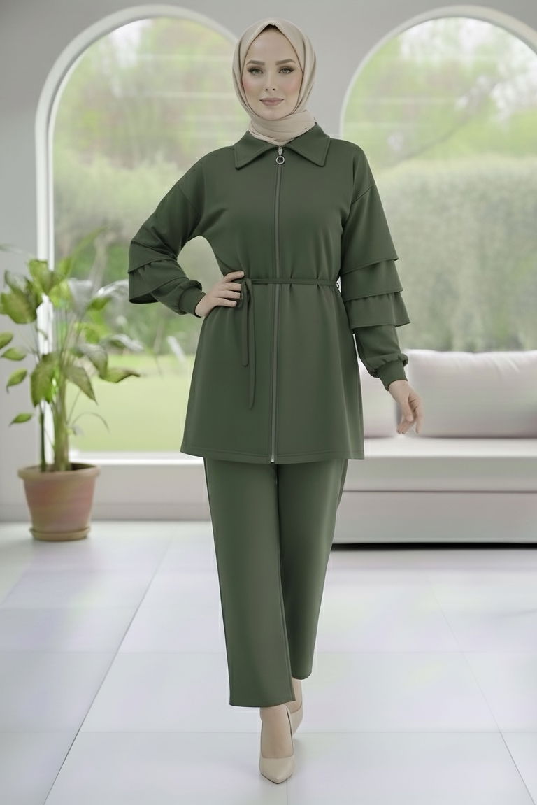 Kolları Fırfırlı Modal İkili Takım - 089-HAKI - TOFİSA