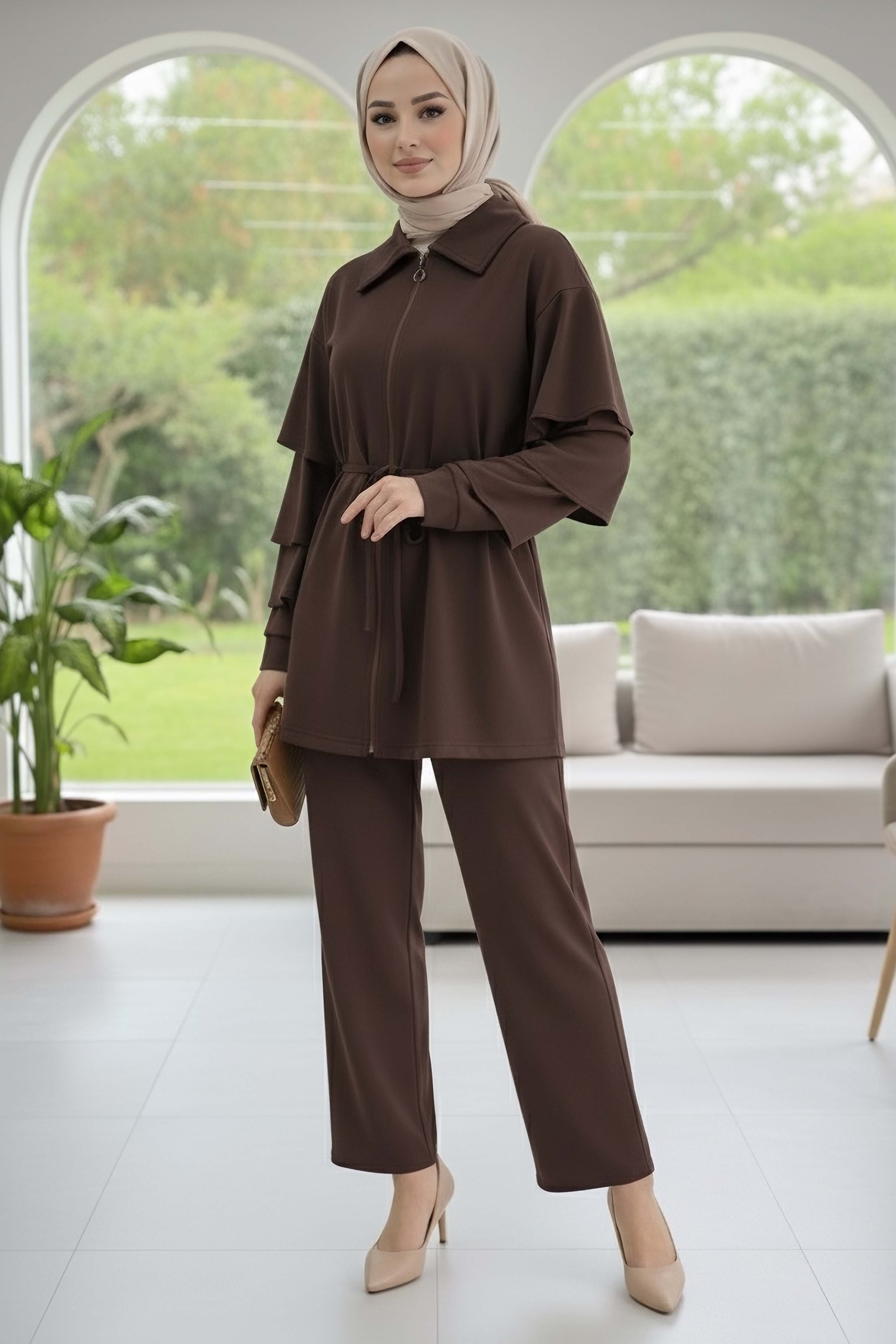 Kolları Fırfırlı Modal İkili Takım - 089-KAHVE - 2