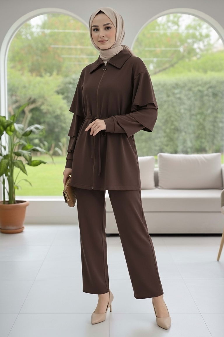 Kolları Fırfırlı Modal İkili Takım - 089-KAHVE - TOFİSA