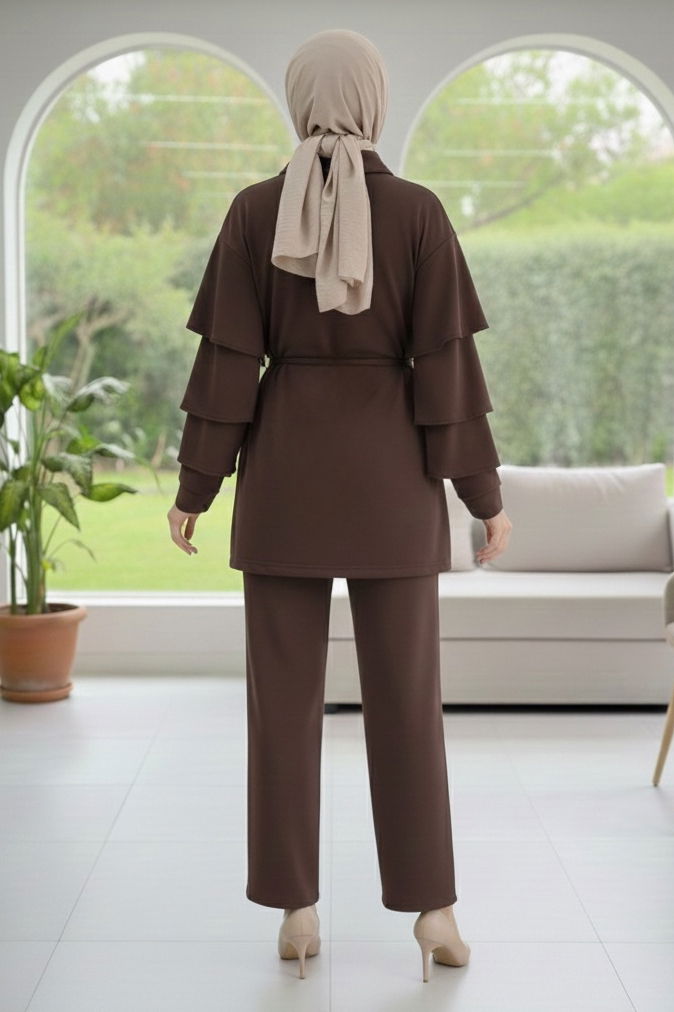 Kolları Fırfırlı Modal İkili Takım - 089-KAHVE - 3