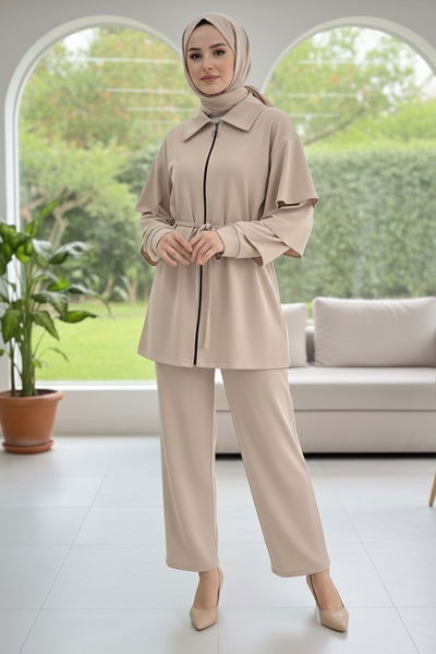 Kolları Fırfırlı Modal İkili Takım - 089-KREM 