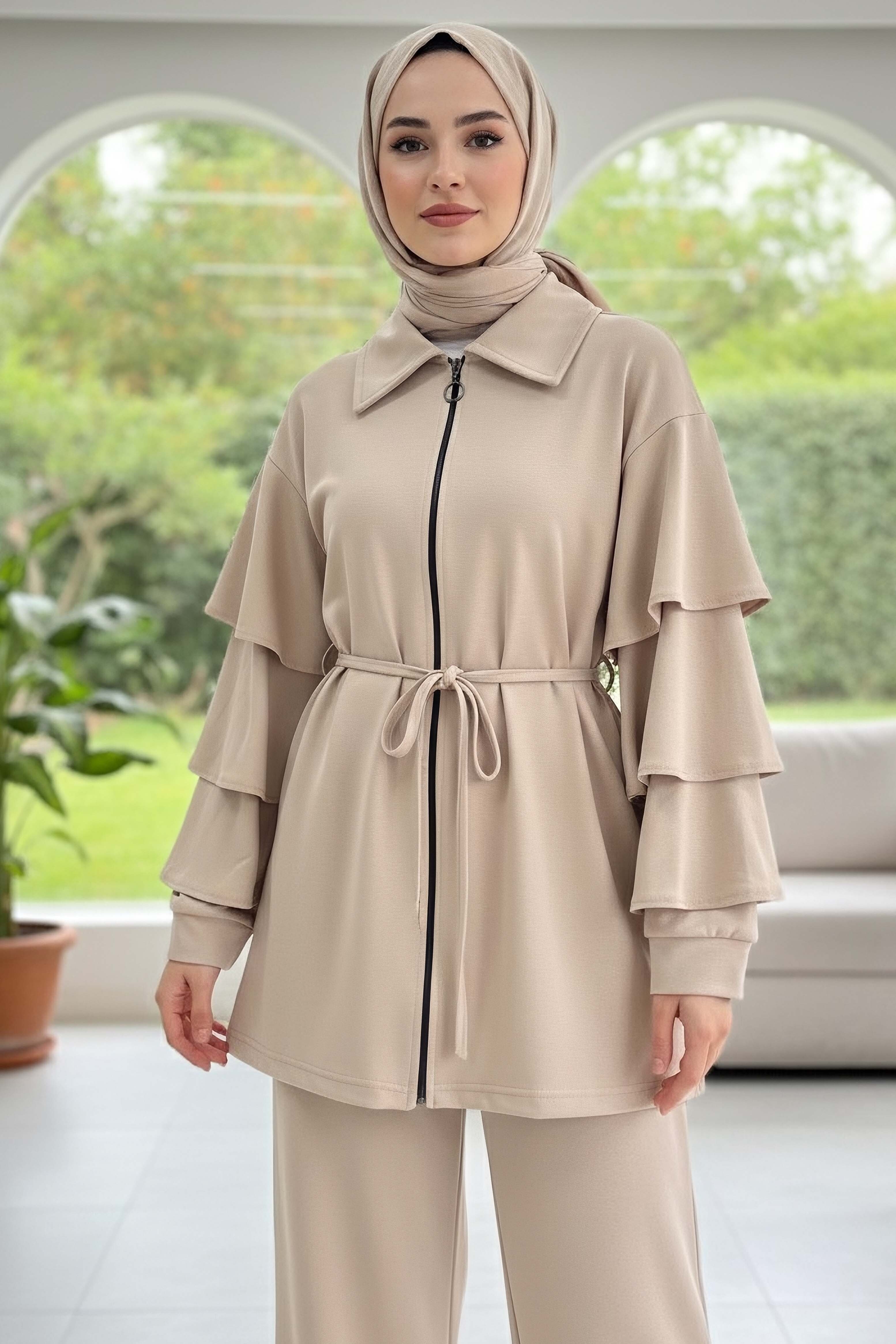 Kolları Fırfırlı Modal İkili Takım - 089-KREM - 2