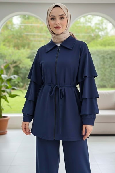 Kolları Fırfırlı Modal İkili Takım - 089-LACIVERT 