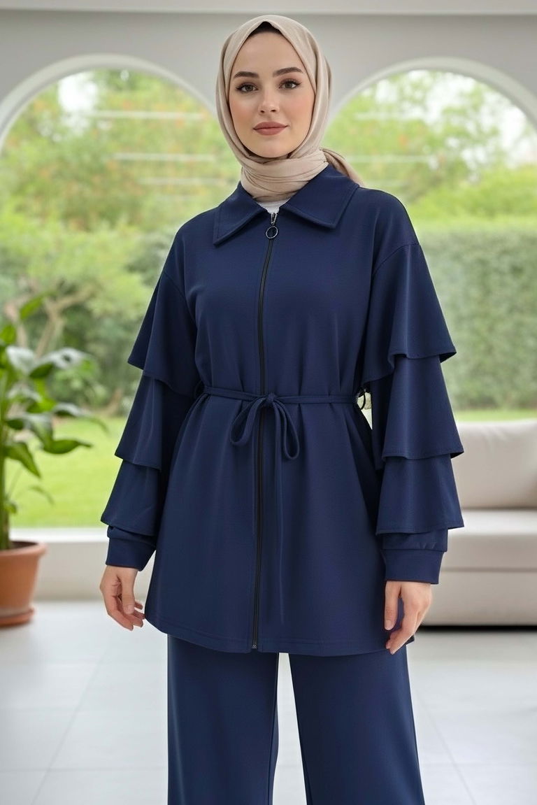 Kolları Fırfırlı Modal İkili Takım - 089-LACIVERT - TOFİSA