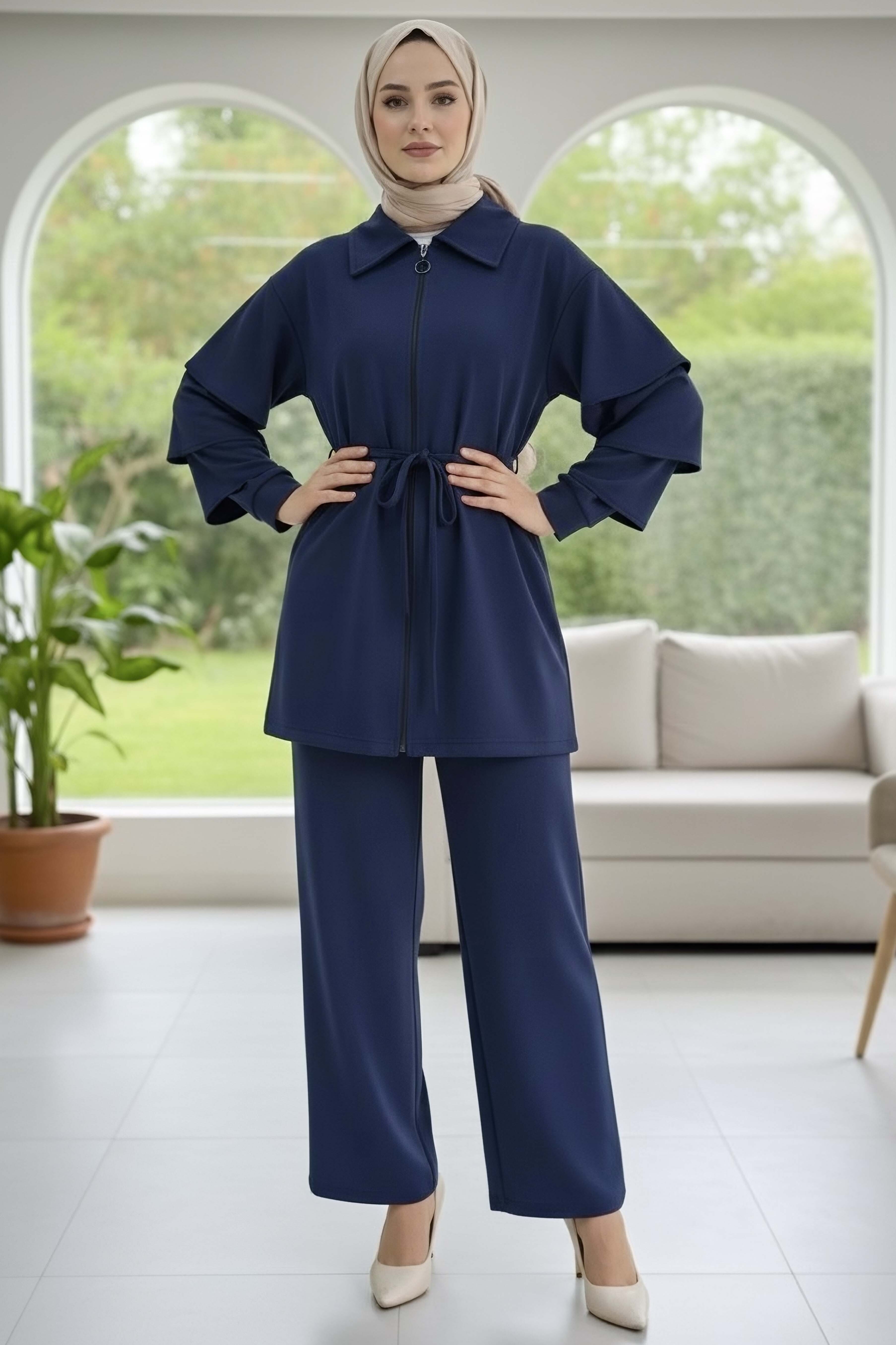Kolları Fırfırlı Modal İkili Takım - 089-LACIVERT - 2