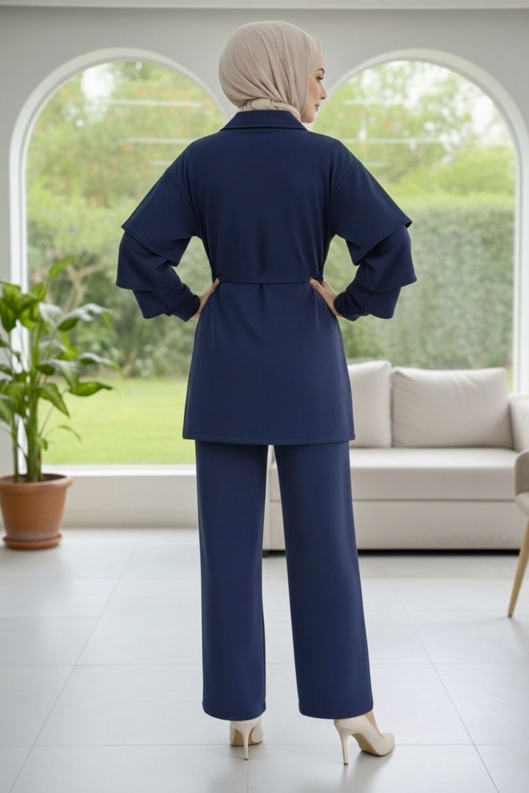 Kolları Fırfırlı Modal İkili Takım - 089-LACIVERT - TOFİSA