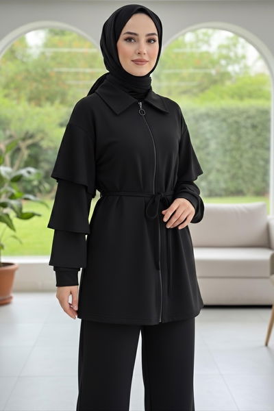 Kolları Fırfırlı Modal İkili Takım - 089-SIYAH 