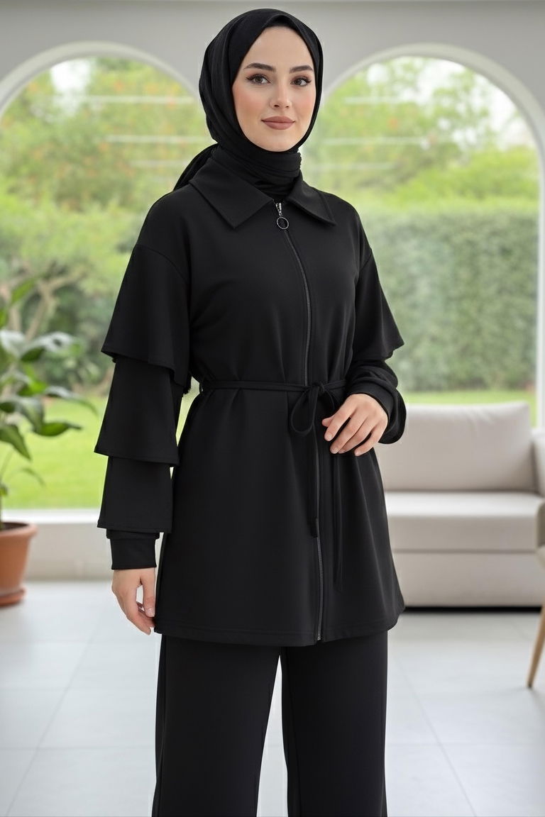 Kolları Fırfırlı Modal İkili Takım - 089-SIYAH - TOFİSA