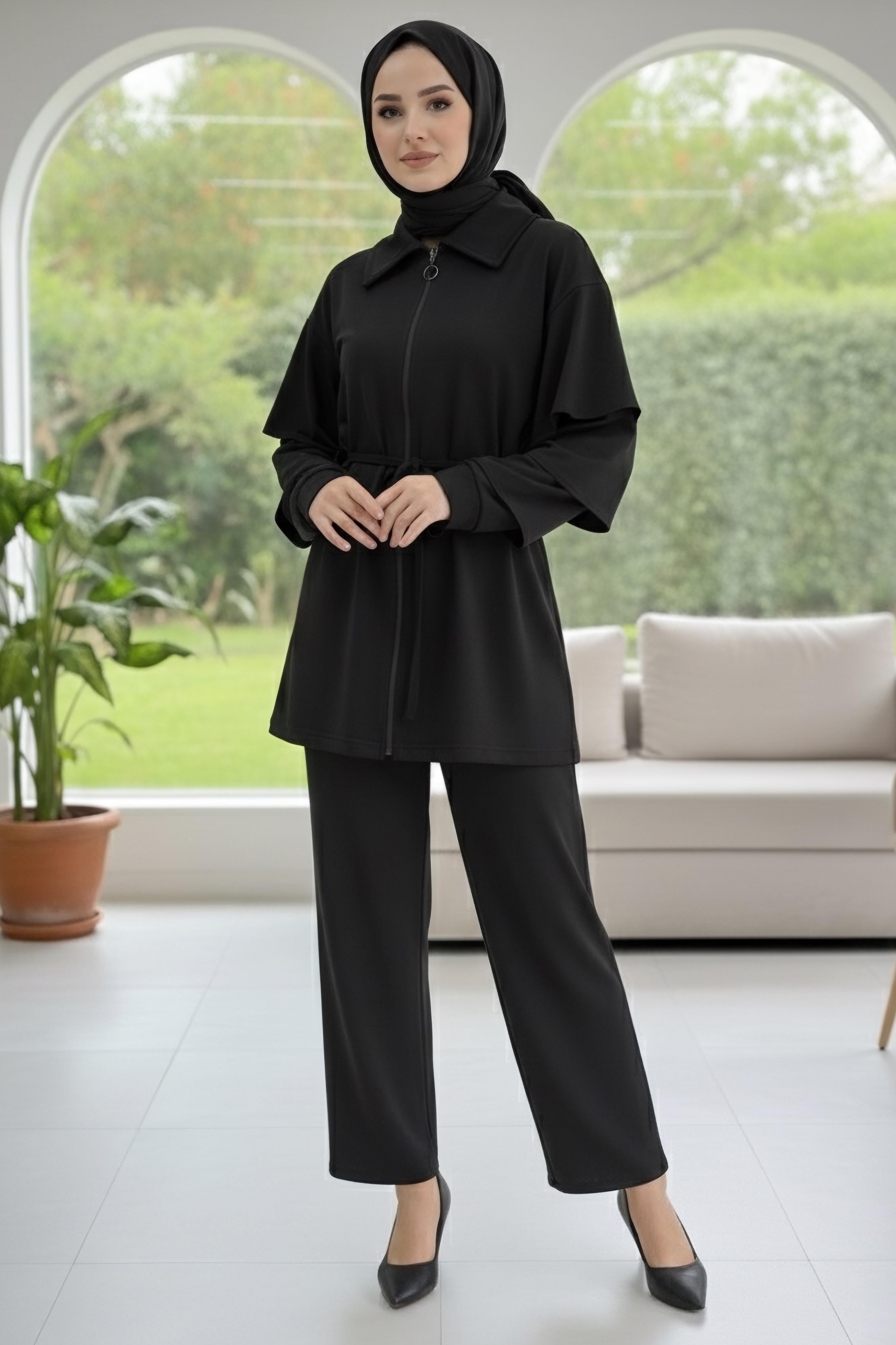 Kolları Fırfırlı Modal İkili Takım - 089-SIYAH - 2