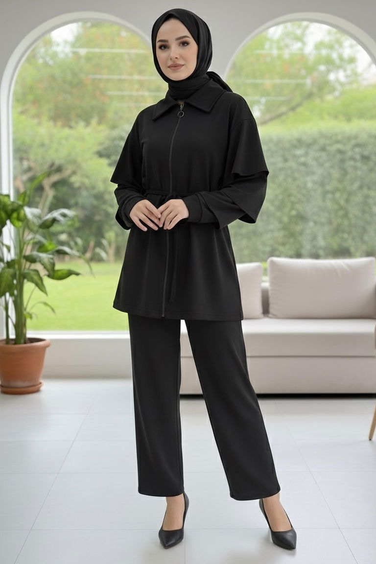 Kolları Fırfırlı Modal İkili Takım - 089-SIYAH - TOFİSA