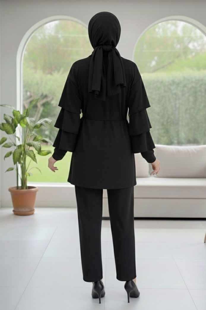 Kolları Fırfırlı Modal İkili Takım - 089-SIYAH - TOFİSA