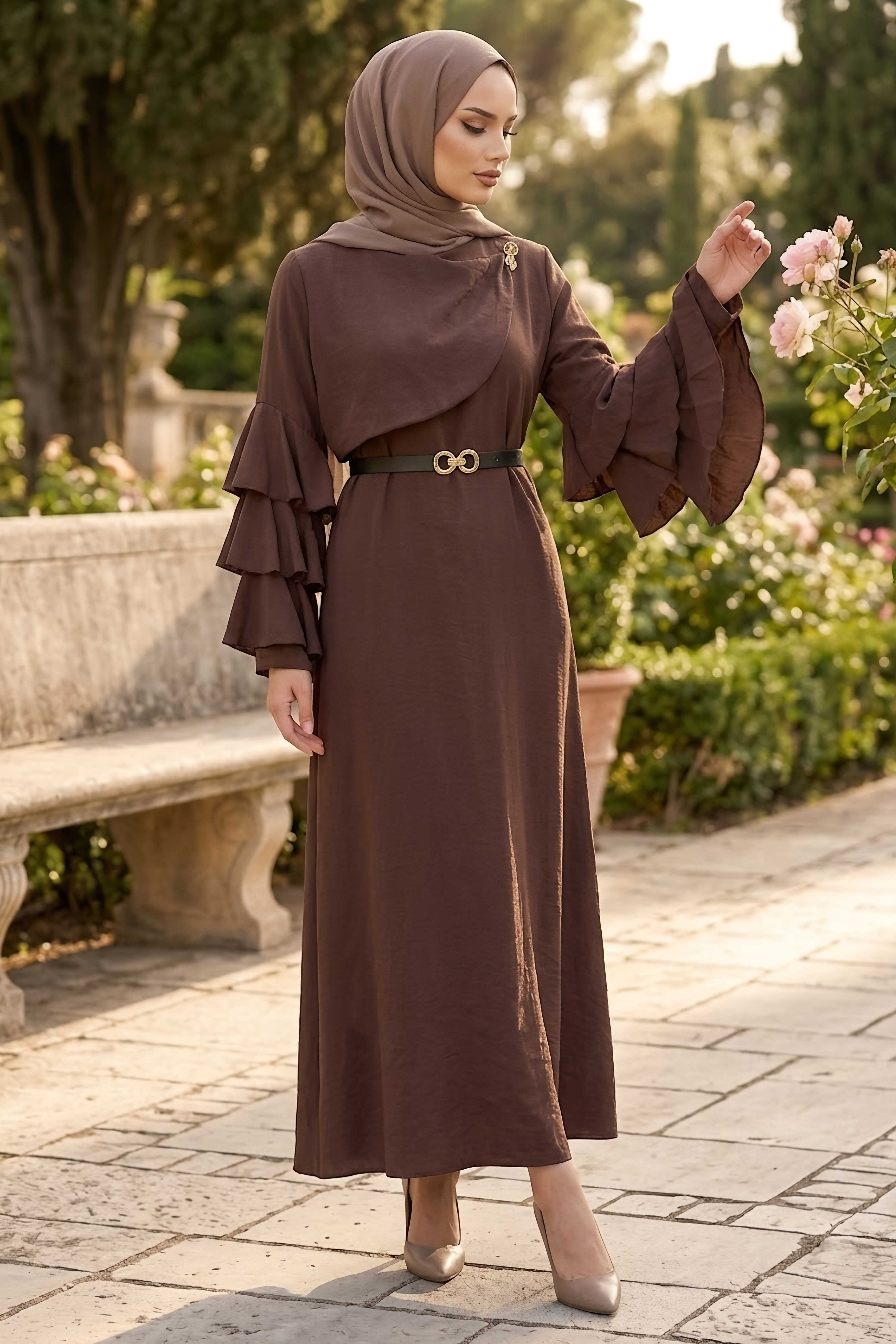 Kolları Kat Kat Kemerli Elbise Kahve - 28567-KAHVE - 1