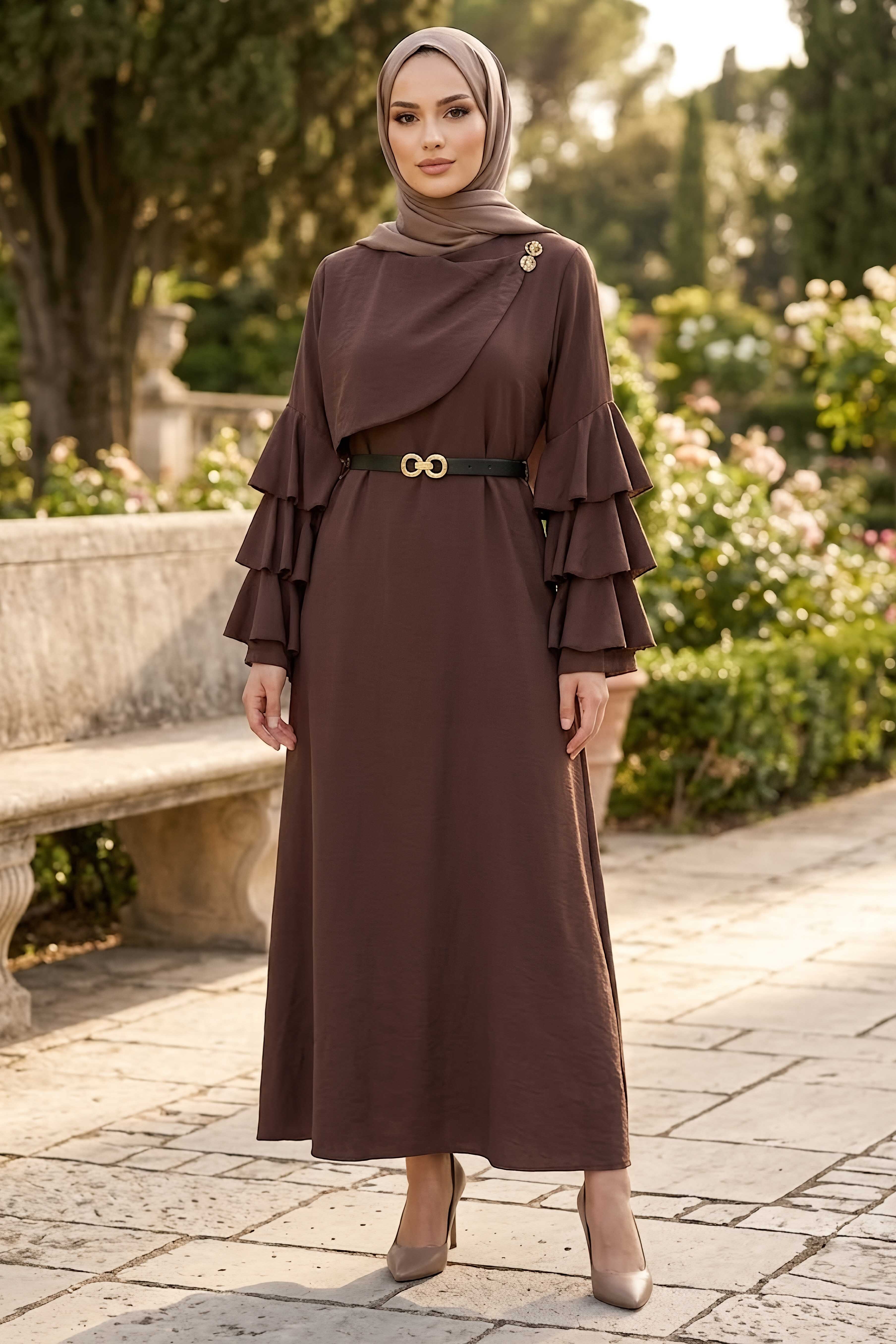 Kolları Kat Kat Kemerli Elbise Kahve - 28567-KAHVE - 2