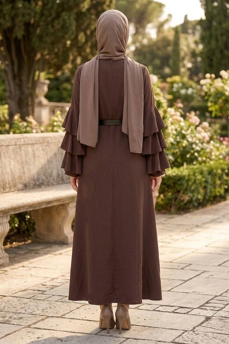 Kolları Kat Kat Kemerli Elbise Kahve - 28567-KAHVE - 3