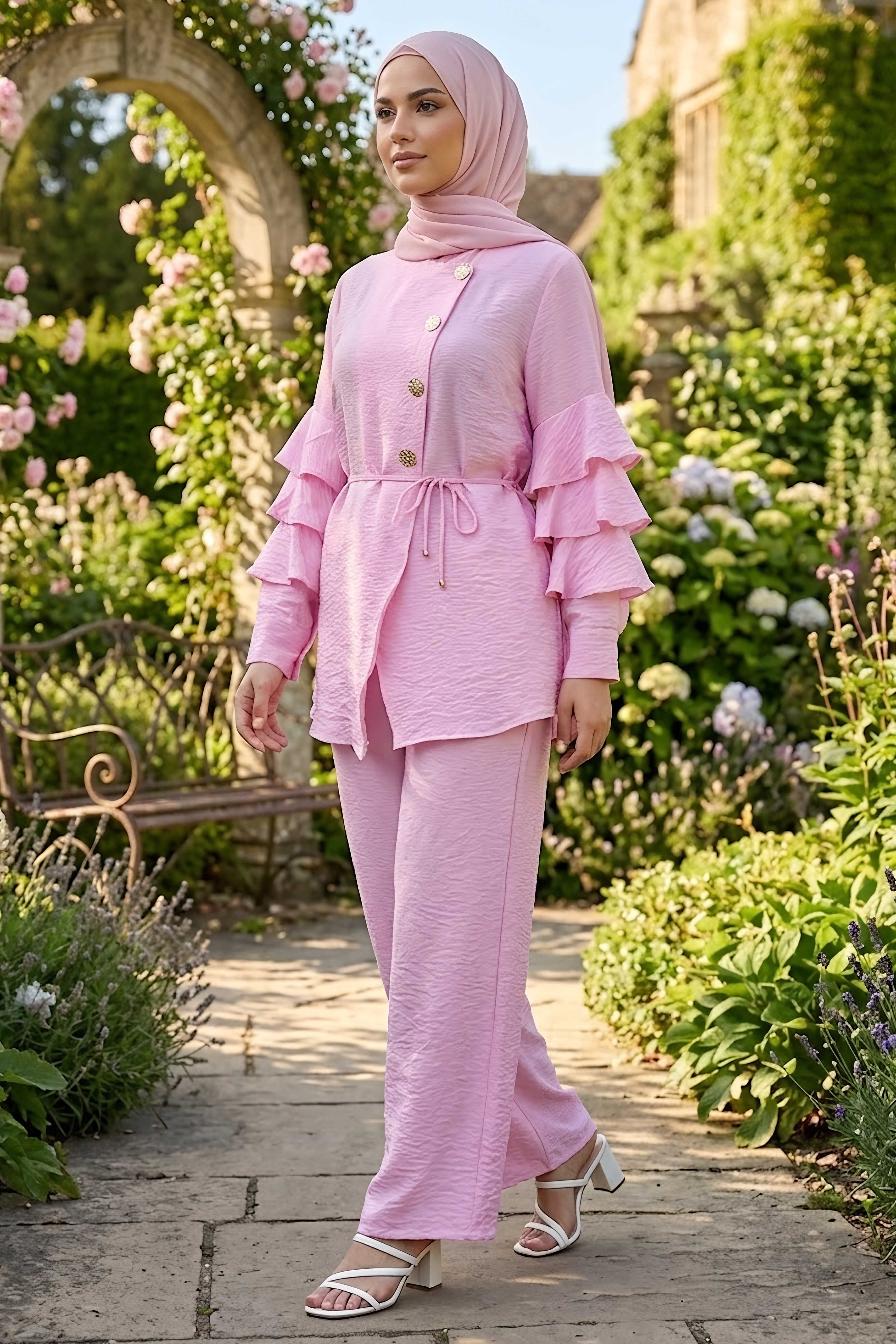 Kolları Kat Kat Yandan Düğmeli Takım Pembe - 28579-PEMBE - 1