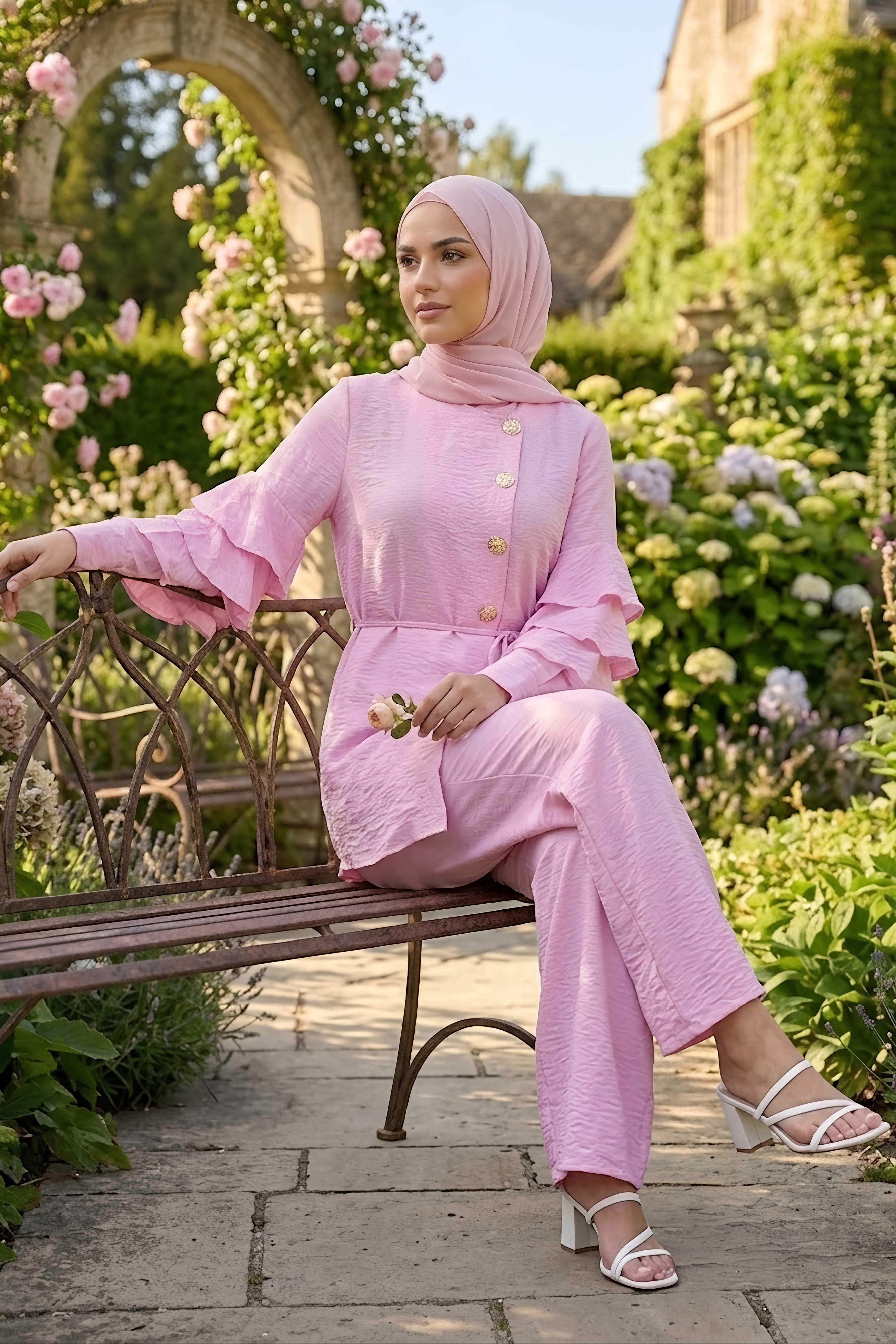Kolları Kat Kat Yandan Düğmeli Takım Pembe - 28579-PEMBE - 2