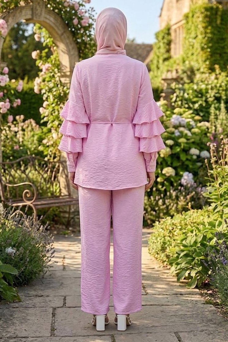 Kolları Kat Kat Yandan Düğmeli Takım Pembe - 28579-PEMBE - 3