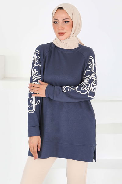Kolları Nakış Detaylı Modal Tunik - 27703-ANTRASIT 