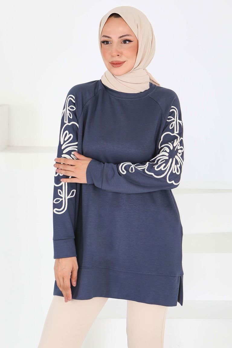 Kolları Nakış Detaylı Modal Tunik - 27703-ANTRASIT - TOFİSA