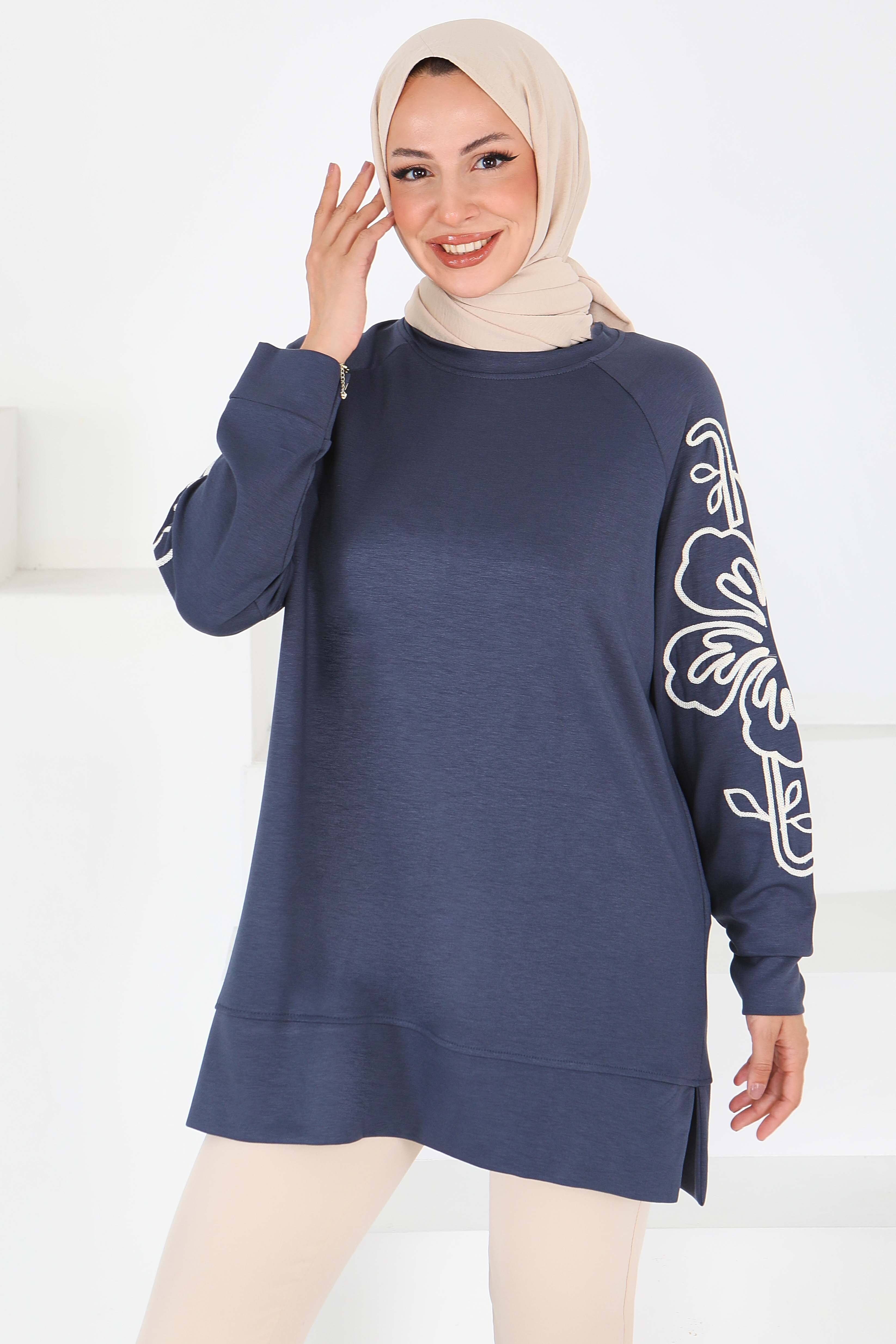 Kolları Nakış Detaylı Modal Tunik - 27703-ANTRASIT - 2