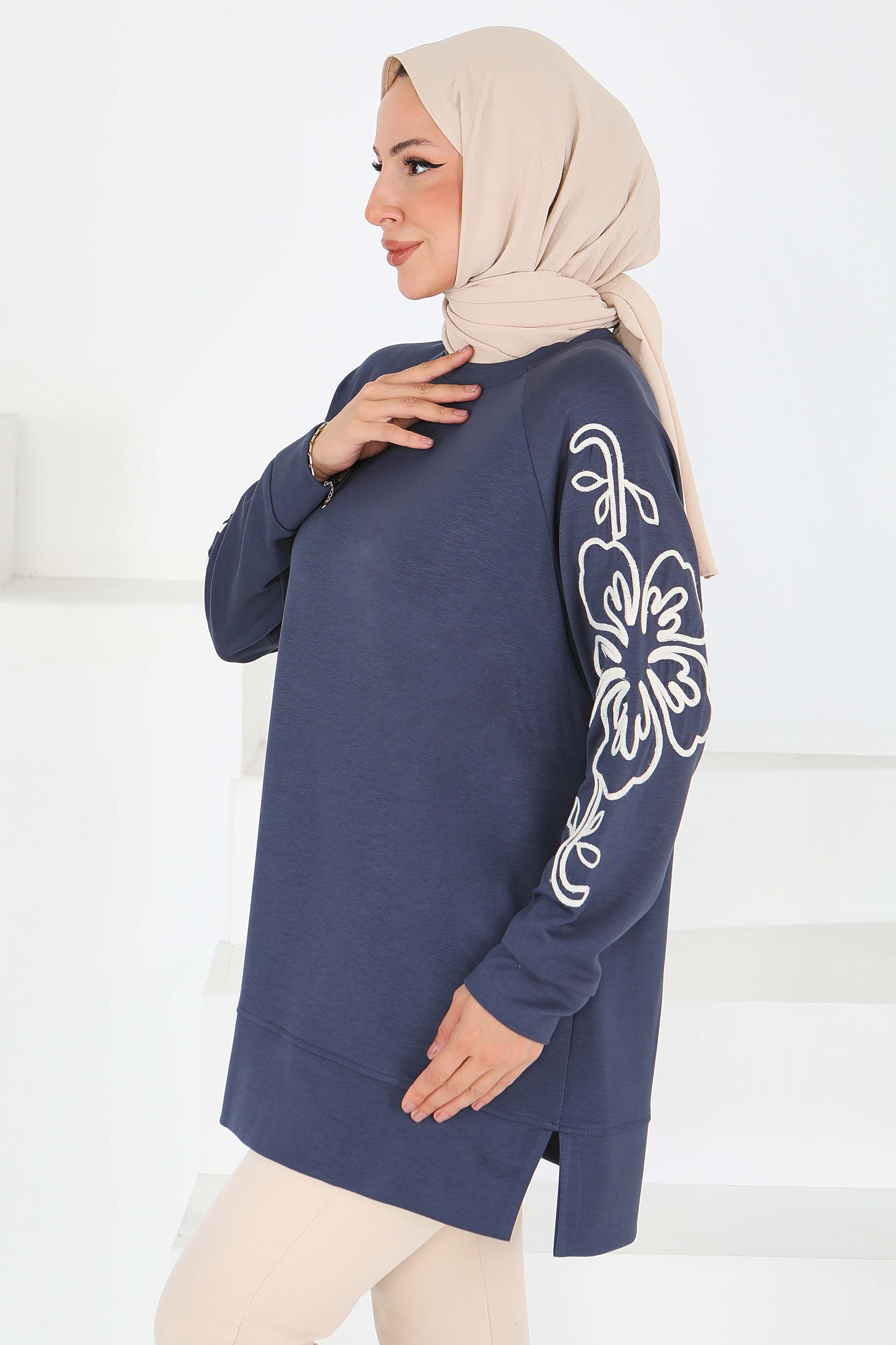 Kolları Nakış Detaylı Modal Tunik - 27703-ANTRASIT - 3