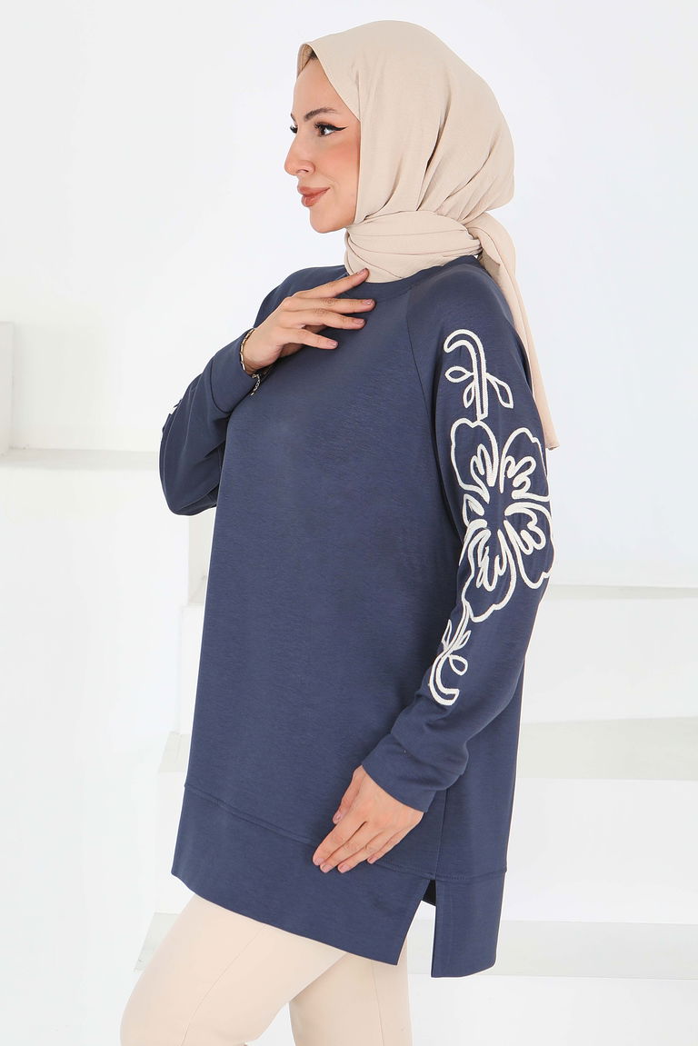 Kolları Nakış Detaylı Modal Tunik - 27703-ANTRASIT - TOFİSA