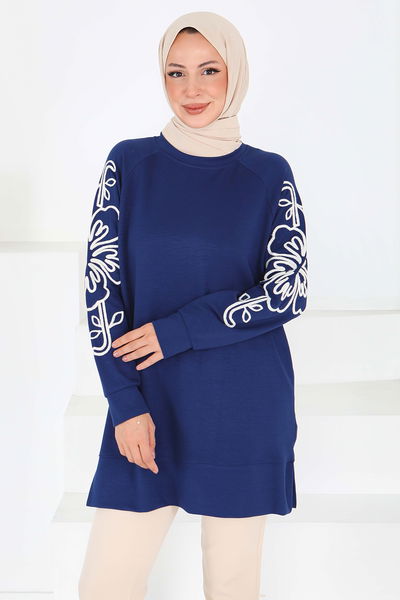 Kolları Nakış Detaylı Modal Tunik - 27703-LACIVERT 